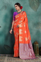 SMSAREE Orange Designer Wedding Partywear Kanjeevaram Art Silk Hand Embroidery Work Bridal Saree Sari With Blouse Piece YNF-29683