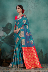 SMSAREE Teal Designer Wedding Partywear Kanjeevaram Art Silk Hand Embroidery Work Bridal Saree Sari With Blouse Piece YNF-29687