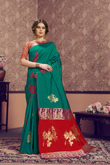 SMSAREE Teal Designer Wedding Partywear Kanjeevaram Art Silk Hand Embroidery Work Bridal Saree Sari With Blouse Piece YNF-29689