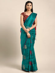 SMSAREE Teal Designer Wedding Partywear Kanjeevaram Art Silk Hand Embroidery Work Bridal Saree Sari With Blouse Piece YNF-29689