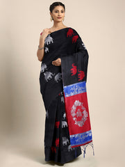 SMSAREE Black Designer Wedding Partywear Kanjeevaram Art Silk Hand Embroidery Work Bridal Saree Sari With Blouse Piece YNF-29693
