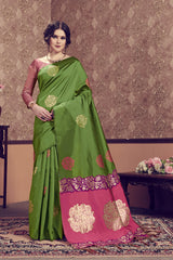 SMSAREE Olive Green Designer Wedding Partywear Kanjeevaram Art Silk Hand Embroidery Work Bridal Saree Sari With Blouse Piece YNF-29695