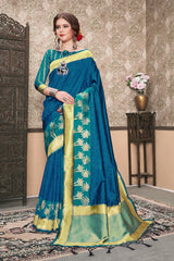 SMSAREE Teal Designer Wedding Partywear Tanchui Art Silk Hand Embroidery Work Bridal Saree Sari With Blouse Piece YNF-29699