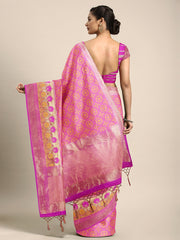 SMSAREE Pink Designer Wedding Partywear Tanchui Art Silk Hand Embroidery Work Bridal Saree Sari With Blouse Piece YNF-29704