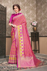 SMSAREE Pink Designer Wedding Partywear Tanchui Art Silk Hand Embroidery Work Bridal Saree Sari With Blouse Piece YNF-29704