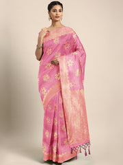 SMSAREE Pink Designer Wedding Partywear Linen Art Silk Hand Embroidery Work Bridal Saree Sari With Blouse Piece YNF-29727
