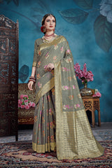 SMSAREE Grey Designer Wedding Partywear Linen Art Silk Hand Embroidery Work Bridal Saree Sari With Blouse Piece YNF-29729