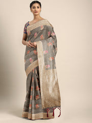 SMSAREE Grey Designer Wedding Partywear Linen Art Silk Hand Embroidery Work Bridal Saree Sari With Blouse Piece YNF-29729
