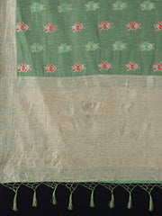 SMSAREE Green Designer Wedding Partywear Linen Art Silk Hand Embroidery Work Bridal Saree Sari With Blouse Piece YNF-29730