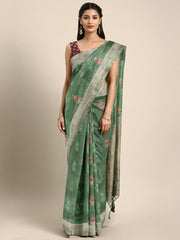 SMSAREE Green Designer Wedding Partywear Linen Art Silk Hand Embroidery Work Bridal Saree Sari With Blouse Piece YNF-29730