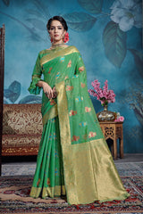 SMSAREE Green Designer Wedding Partywear Linen Art Silk Hand Embroidery Work Bridal Saree Sari With Blouse Piece YNF-29730