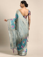 SMSAREE Turquoise Designer Wedding Partywear Linen Art Silk Hand Embroidery Work Bridal Saree Sari With Blouse Piece YNF-29731