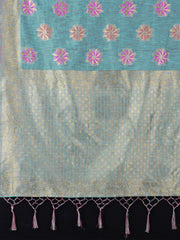 SMSAREE Turquoise Designer Wedding Partywear Linen Art Silk Hand Embroidery Work Bridal Saree Sari With Blouse Piece YNF-29731