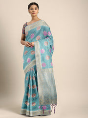 SMSAREE Turquoise Designer Wedding Partywear Linen Art Silk Hand Embroidery Work Bridal Saree Sari With Blouse Piece YNF-29731