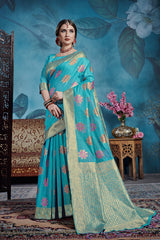 SMSAREE Turquoise Designer Wedding Partywear Linen Art Silk Hand Embroidery Work Bridal Saree Sari With Blouse Piece YNF-29731