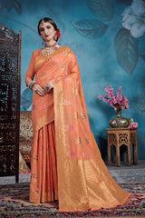 SMSAREE Orange Designer Wedding Partywear Linen Art Silk Hand Embroidery Work Bridal Saree Sari With Blouse Piece YNF-29732