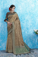 SMSAREE Brown Designer Wedding Partywear Tanchui Art Silk Hand Embroidery Work Bridal Saree Sari With Blouse Piece YNF-29734