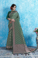 SMSAREE Teal Designer Wedding Partywear Tanchui Art Silk Hand Embroidery Work Bridal Saree Sari With Blouse Piece YNF-29735