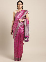 SMSAREE Pink Designer Wedding Partywear Tanchui Art Silk Hand Embroidery Work Bridal Saree Sari With Blouse Piece YNF-29739