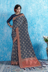 SMSAREE Navy Blue Designer Wedding Partywear Tanchui Art Silk Hand Embroidery Work Bridal Saree Sari With Blouse Piece YNF-29741