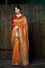 SMSAREE Mustard Designer Wedding Partywear Tanchui Art Silk Hand Embroidery Work Bridal Saree Sari With Blouse Piece YNF-29776