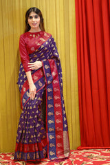 SMSAREE Navy Blue Designer Wedding Partywear Tanchui Art Silk Hand Embroidery Work Bridal Saree Sari With Blouse Piece YNF-29777