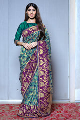 SMSAREE Teal Designer Wedding Partywear Tanchui Art Silk Hand Embroidery Work Bridal Saree Sari With Blouse Piece YNF-29780