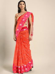 SMSAREE Orange Designer Wedding Partywear Tanchui Art Silk Hand Embroidery Work Bridal Saree Sari With Blouse Piece YNF-29782