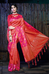 SMSAREE Orange Designer Wedding Partywear Tanchui Art Silk Hand Embroidery Work Bridal Saree Sari With Blouse Piece YNF-29782