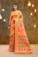SMSAREE Orange Designer Wedding Partywear Banarasi Art Silk Hand Embroidery Work Bridal Saree Sari With Blouse Piece YNF-29793