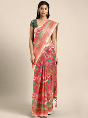 SMSAREE Coral Designer Wedding Partywear Banarasi Art Silk Hand Embroidery Work Bridal Saree Sari With Blouse Piece YNF-29794
