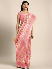 SMSAREE Pink Designer Wedding Partywear Banarasi Art Silk Hand Embroidery Work Bridal Saree Sari With Blouse Piece YNF-29795