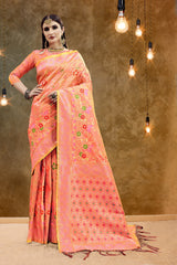 SMSAREE Pink Designer Wedding Partywear Banarasi Art Silk Hand Embroidery Work Bridal Saree Sari With Blouse Piece YNF-29795