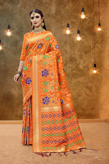SMSAREE Orange Designer Wedding Partywear Banarasi Art Silk Hand Embroidery Work Bridal Saree Sari With Blouse Piece YNF-29799