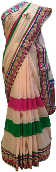 Cream, Pink & Green Designer Georgette (Viscos) Hand Embroidery Work Saree Sari