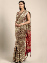 SMSAREE Brown Designer Wedding Partywear Kanjeevaram Art Silk Hand Embroidery Work Bridal Saree Sari With Blouse Piece YNF-29803