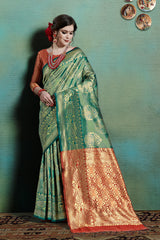 SMSAREE Green Designer Wedding Partywear Kanjeevaram Art Silk Hand Embroidery Work Bridal Saree Sari With Blouse Piece YNF-29805