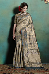SMSAREE Grey Designer Wedding Partywear Kanjeevaram Art Silk Hand Embroidery Work Bridal Saree Sari With Blouse Piece YNF-29807