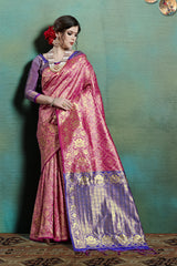 SMSAREE Pink Designer Wedding Partywear Kanjeevaram Art Silk Hand Embroidery Work Bridal Saree Sari With Blouse Piece YNF-29808