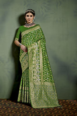 SMSAREE Olive Green Designer Wedding Partywear Kanjeevaram Art Silk Hand Embroidery Work Bridal Saree Sari With Blouse Piece YNF-29822