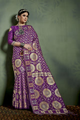 SMSAREE Purple Designer Wedding Partywear Kanjeevaram Art Silk Hand Embroidery Work Bridal Saree Sari With Blouse Piece YNF-29824