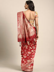 SMSAREE Red Designer Wedding Partywear Kanjeevaram Art Silk Hand Embroidery Work Bridal Saree Sari With Blouse Piece YNF-29825