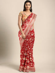 SMSAREE Red Designer Wedding Partywear Kanjeevaram Art Silk Hand Embroidery Work Bridal Saree Sari With Blouse Piece YNF-29825