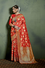 SMSAREE Red Designer Wedding Partywear Kanjeevaram Art Silk Hand Embroidery Work Bridal Saree Sari With Blouse Piece YNF-29825