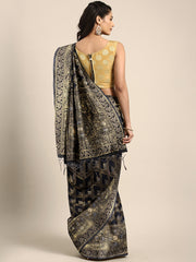 SMSAREE Black Designer Wedding Partywear Kanjeevaram Art Silk Hand Embroidery Work Bridal Saree Sari With Blouse Piece YNF-29826