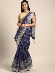 SMSAREE Navy Blue Designer Wedding Partywear Kanjeevaram Art Silk Hand Embroidery Work Bridal Saree Sari With Blouse Piece YNF-29828