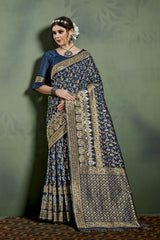 SMSAREE Navy Blue Designer Wedding Partywear Kanjeevaram Art Silk Hand Embroidery Work Bridal Saree Sari With Blouse Piece YNF-29828