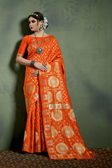 SMSAREE Orange Designer Wedding Partywear Kanjeevaram Art Silk Hand Embroidery Work Bridal Saree Sari With Blouse Piece YNF-29830