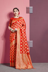 SMSAREE Red Designer Wedding Partywear Banarasi Art Silk Hand Embroidery Work Bridal Saree Sari With Blouse Piece YNF-29866