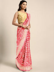 SMSAREE Pink Designer Wedding Partywear Banarasi Art Silk Hand Embroidery Work Bridal Saree Sari With Blouse Piece YNF-29868